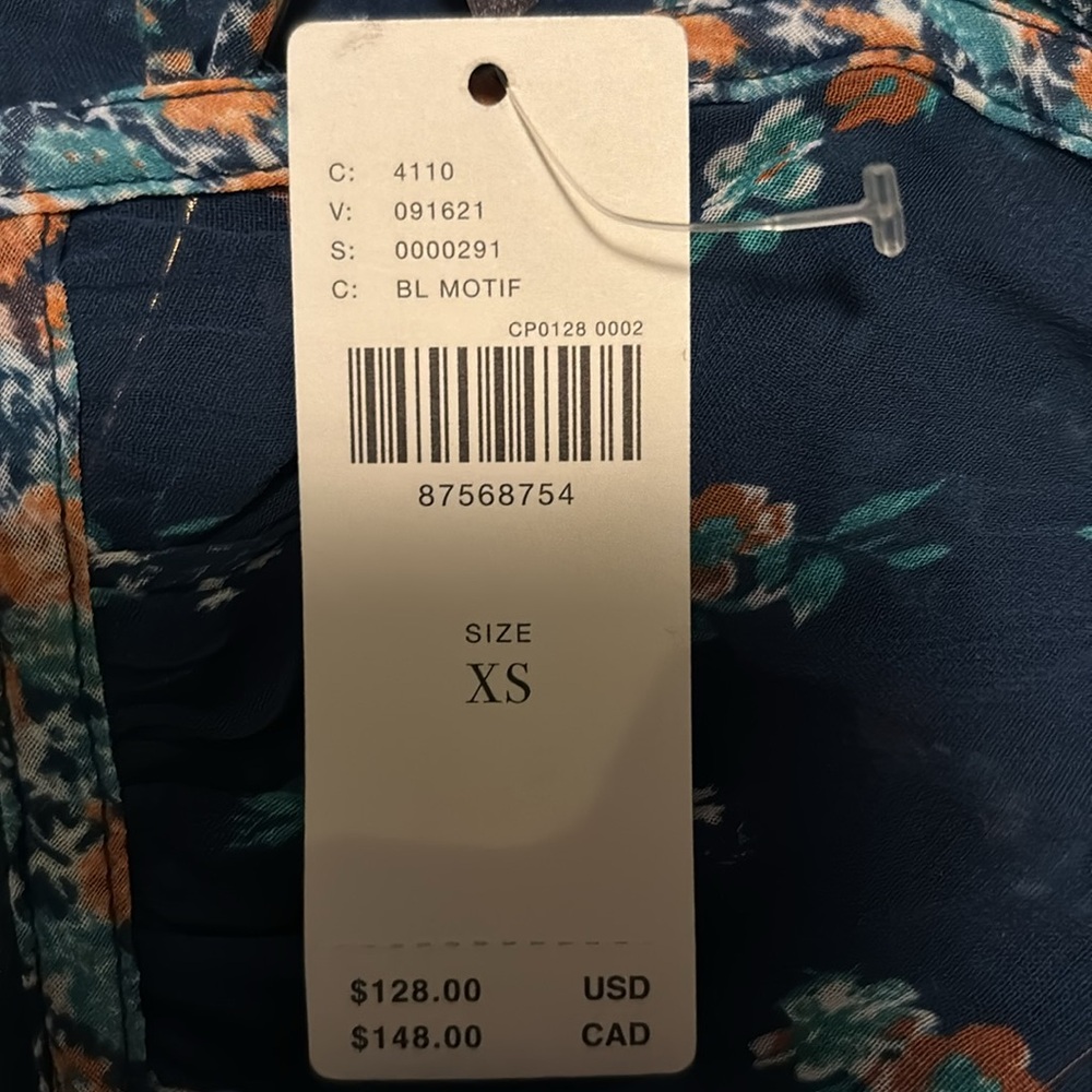 By Anthropologie Sheer Babydoll blouse Blue Motif              X-Small NWT - Picture 5 of 5